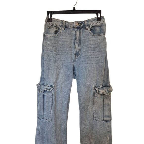 PacSun Women's Light Indigo Blue Wash Poly/Spandex Boyfriend Cut 90's Cargo High - Picture 6 of 12